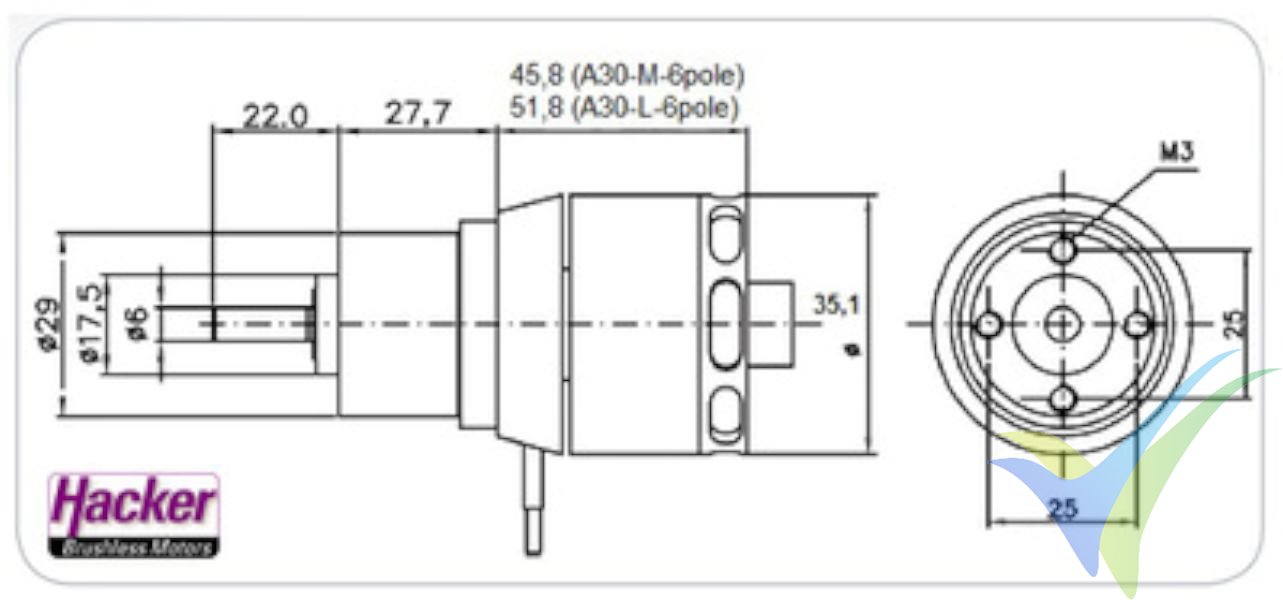 Dimensiones del motor Hacker A30-12L V2 con reductora 6.7:1